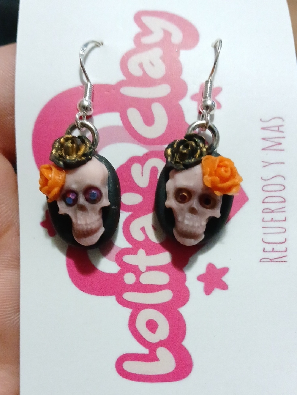 Skull Cameo Earrings with Orange Flower Accent